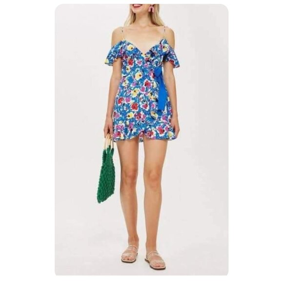 Topshop Dresses & Skirts - * Topshop Blue Floral Strappy Wrap Mini Dress sz US 12